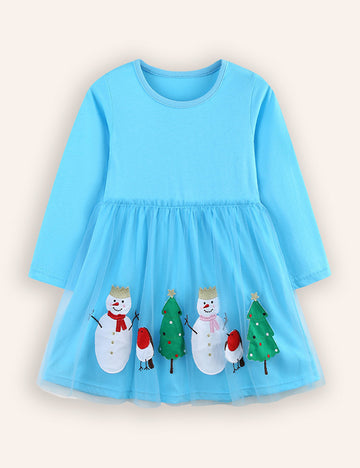 Snow Christams Tree Applique Tulle Dress