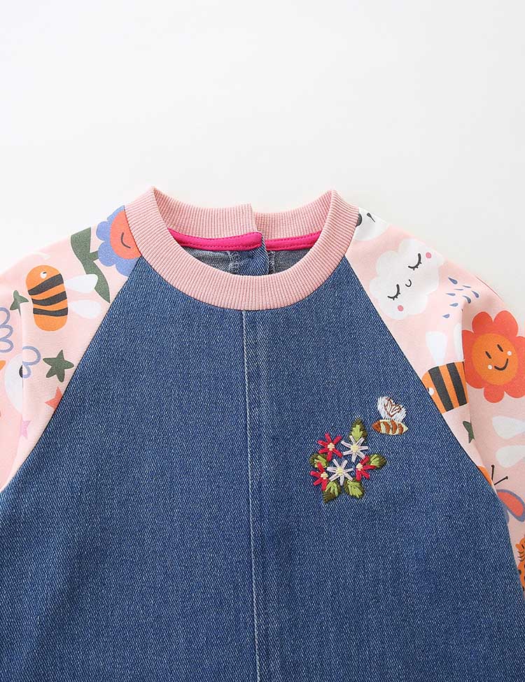 Denim Embroidered Long-sleeved Dress