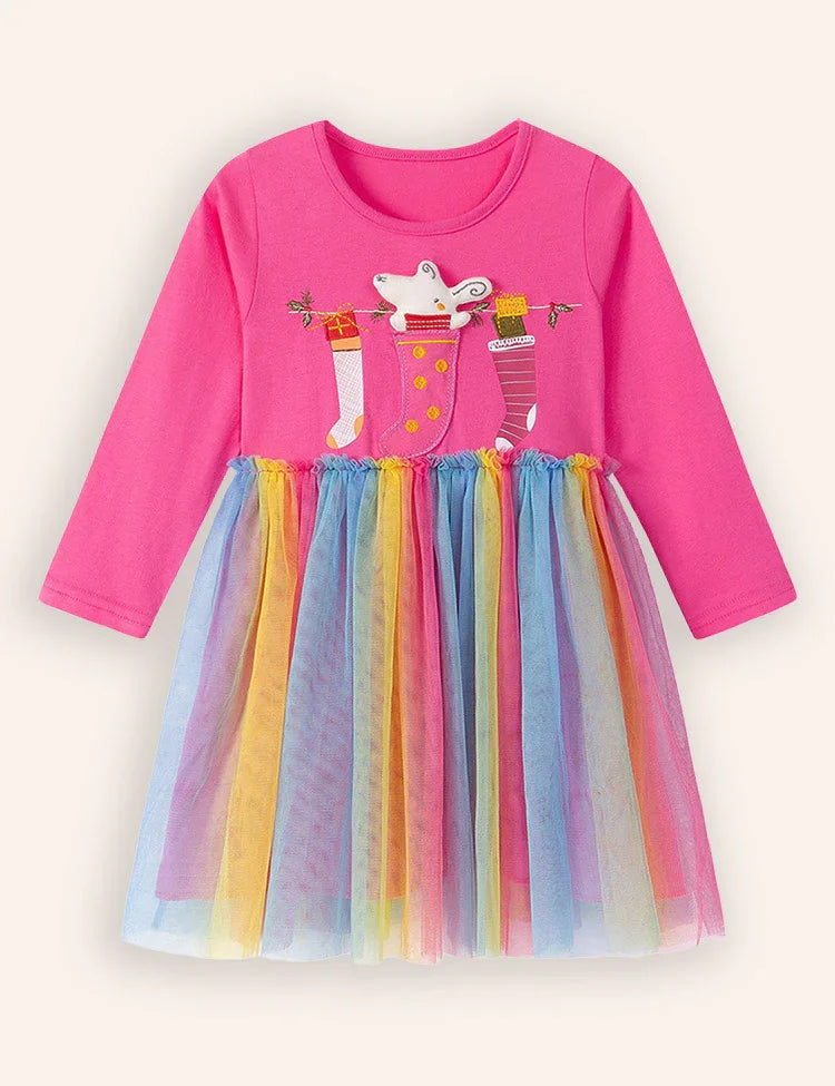 Christmas Socks Applique Rainbow Tulle Dress