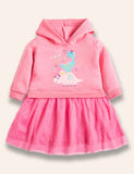 Twice Cute Dinosaur Printed Tulle Skirt Fleece Hooded Sweatshirt