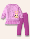 Cute Bunny Appliqué Rose Dotted Tulle Skirt Sweatshirt Set