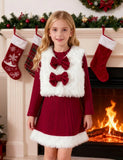 Christmas Knitted Dress With Plush Vest Set