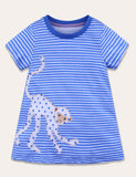 Turtle Appliqué Short-Sleeved Striped Dress