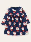 Santa Print Cotton Long-sleeved Dress