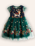 Festival Floral Reindeer Embroidered Tulle Dress