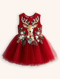 Clearance Sale - Tulle Floral Reindeer Embroidered Dress