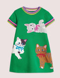 Appliqué Short Sleeve Dress Highland Green Cats - Mini Taylor