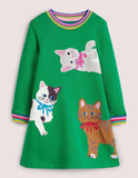 Appliqué Short Sleeve Dress Highland Green Cats - Mini Taylor