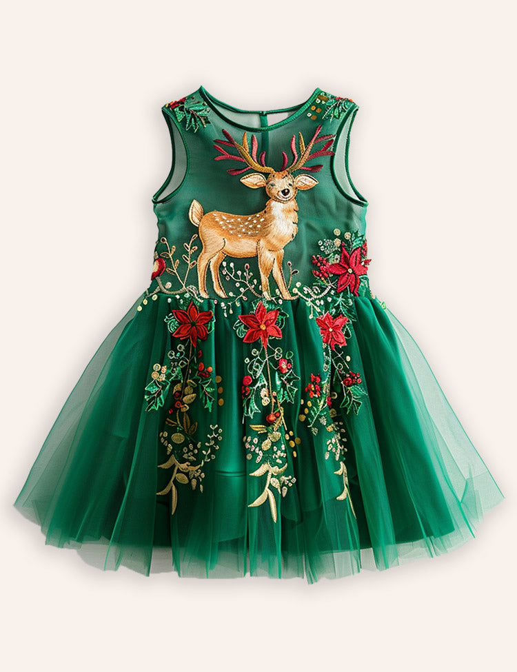 Festival Floral Reindeer Embroidered Tulle Dress