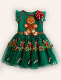 Christmas Gingerbread Man Embroidery Tulle Dress