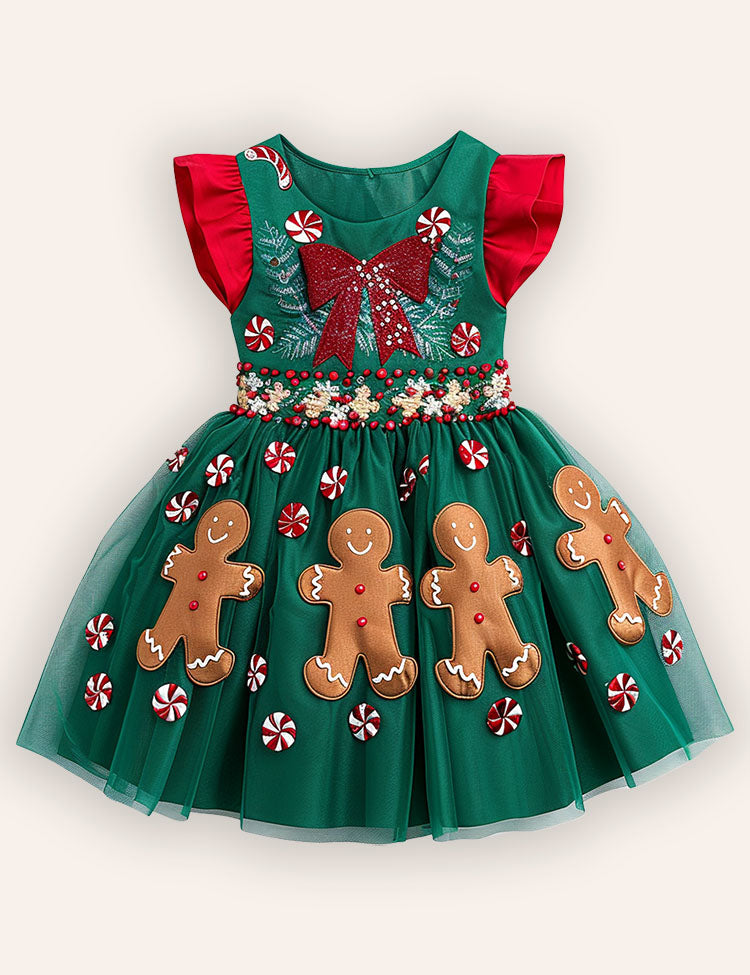 Christmas Gingerbread Man Embroidery Tulle Dress