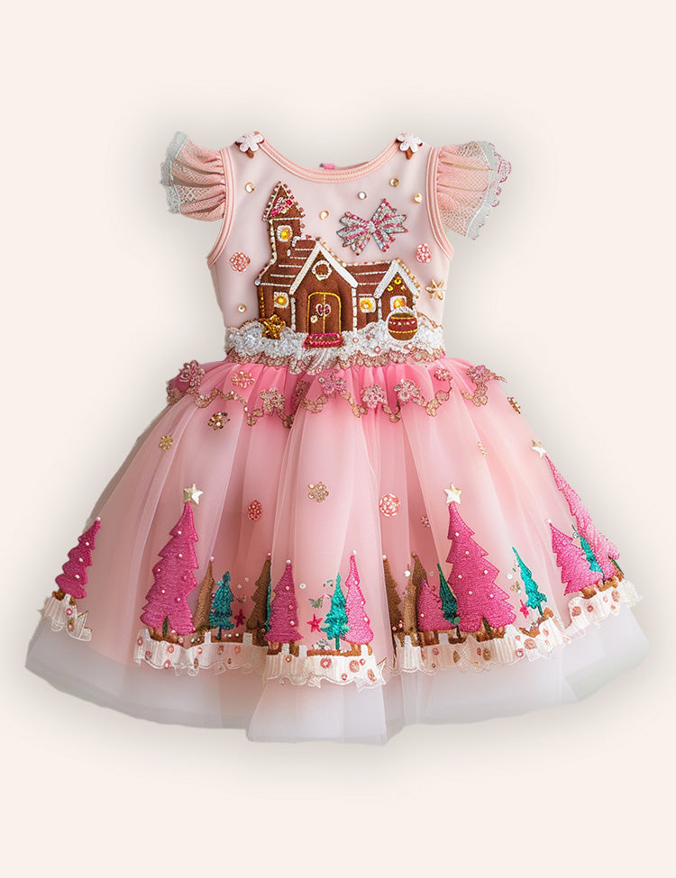 Christmas Gingerbread Man Embroidery Tulle Dress