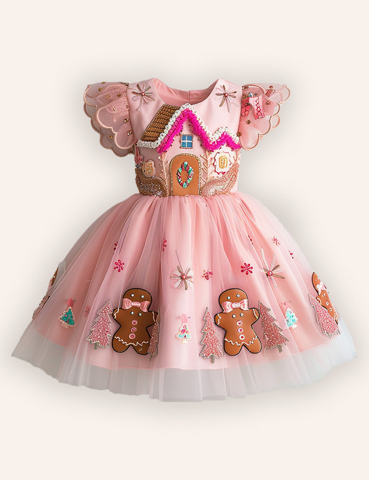 Christmas Gingerbread Man Embroidery Tulle Dress