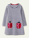 Ladybug Appliqué Striped Long-Sleeved Dress - Mini Taylor