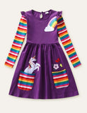 Unicorn Flowers Appliqué Rainbow Long Sleeve Dress - Mini Taylor