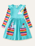 Unicorn Flowers Appliqué Rainbow Long Sleeve Dress - Mini Taylor